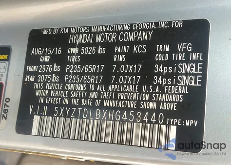 2017 Hyundai Santa Fe Sport 2.4L from USA, damaged, VIN 5XYZTDLBXHG453440